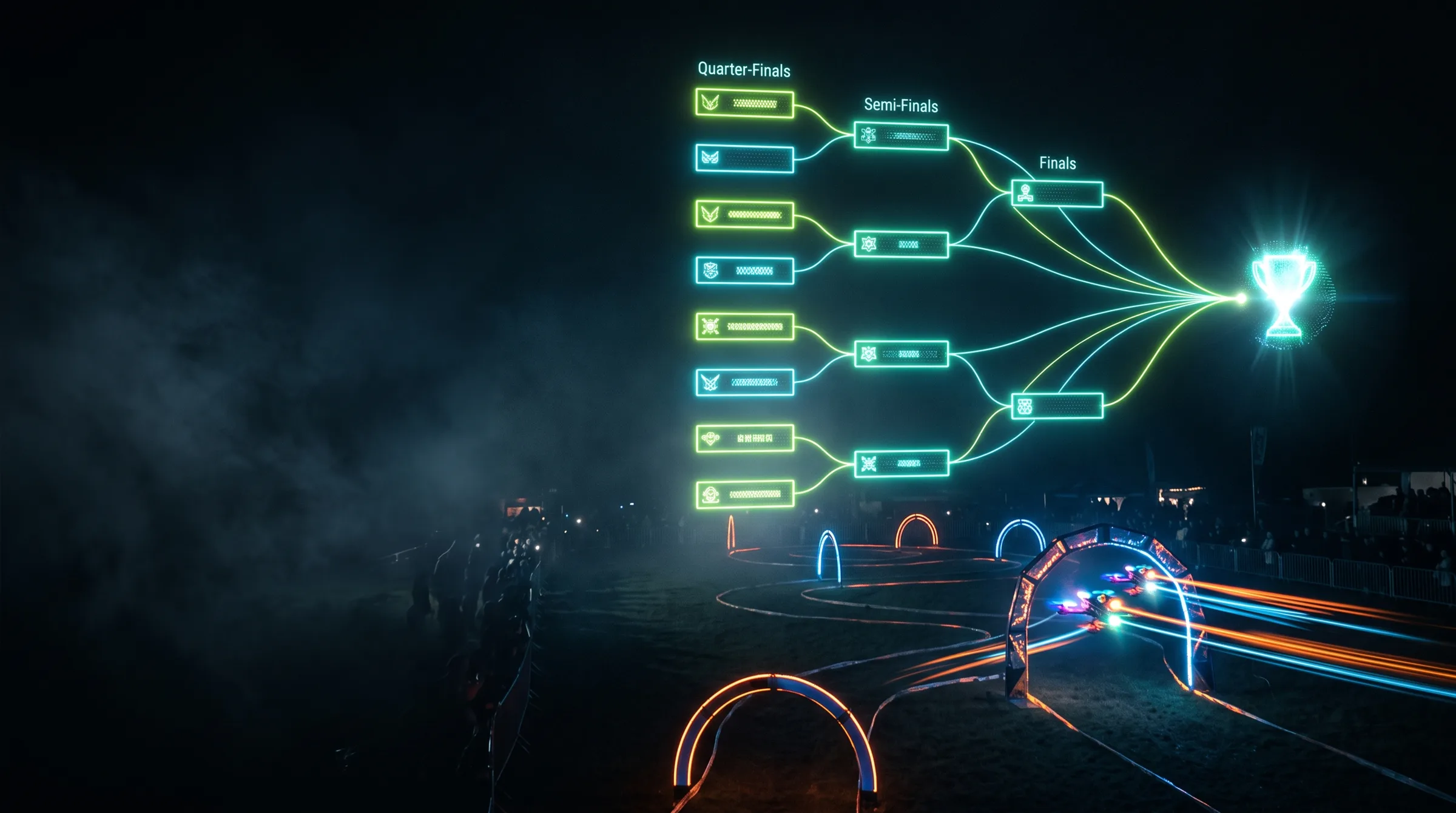 A glowing tournament bracket over a night-time drone race, converging on a trophy
