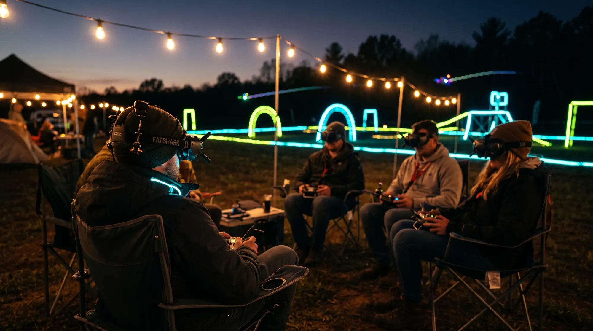 FPV pilots in goggles sitting together at dusk under string lights