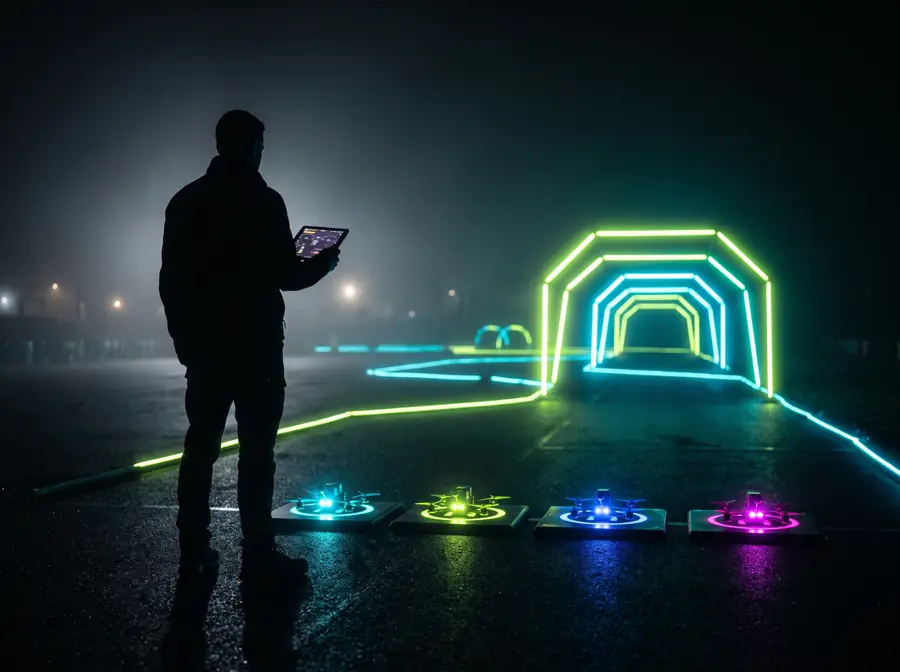 A race director with a tablet at the start line as four drones wait on launch pads
