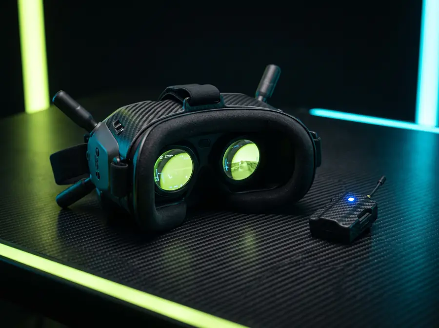 FPV goggles glowing with an on-screen display beside a small ELRS backpack module