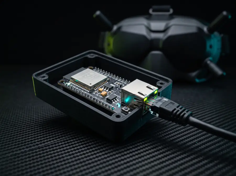 An ESP32 Ethernet board running ELRS Netpack firmware in a black case with a cable plugged in