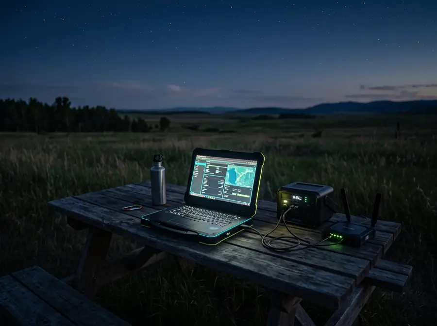 A laptop on a picnic table in a remote field at twilight