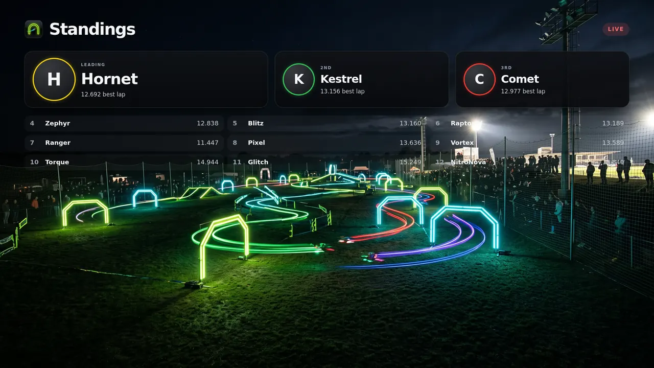 The dd-pits Standings overlay over a stream frame