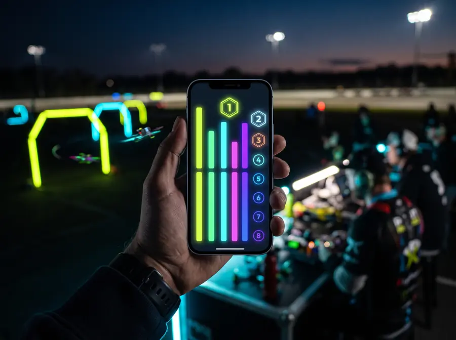 A pilot holding a phone showing a glowing live leaderboard at the race field