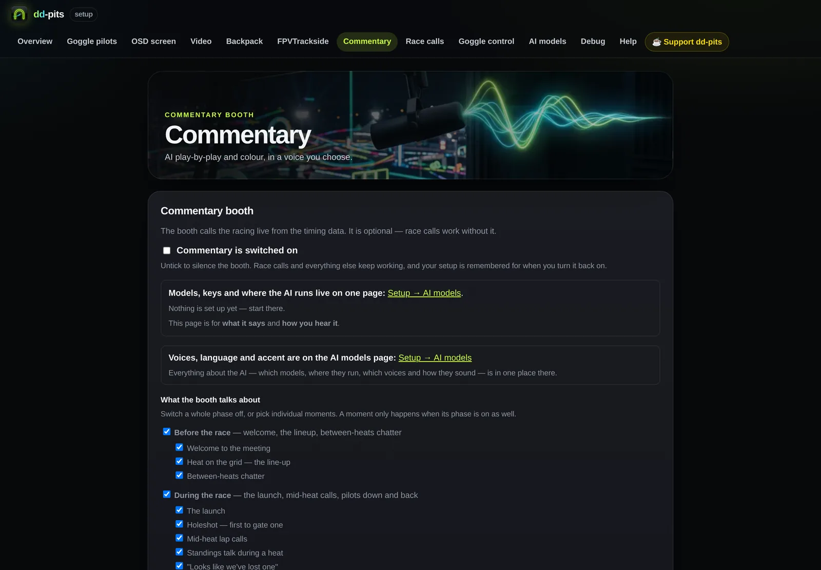 The commentary settings page