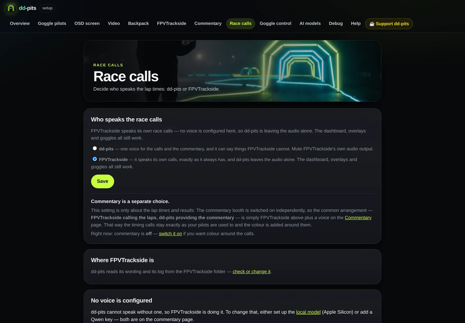 The race calls settings page