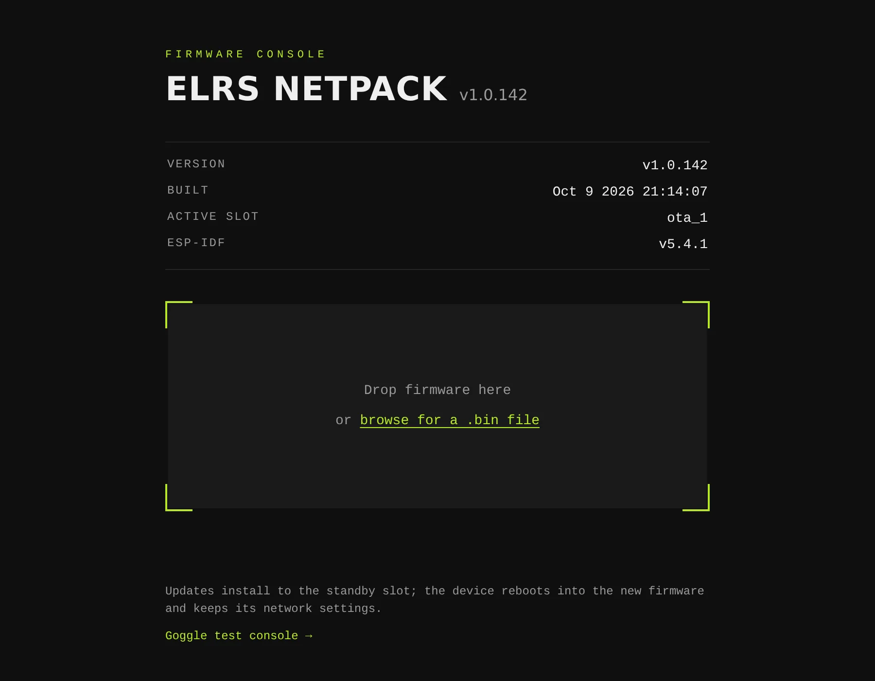The ELRS Netpack firmware console showing version, build date and a firmware drop zone