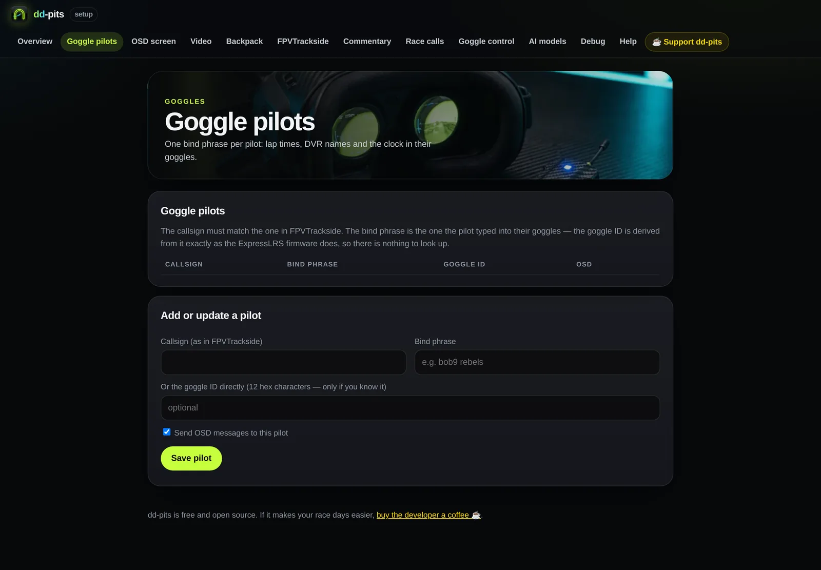 The goggle pilots settings page