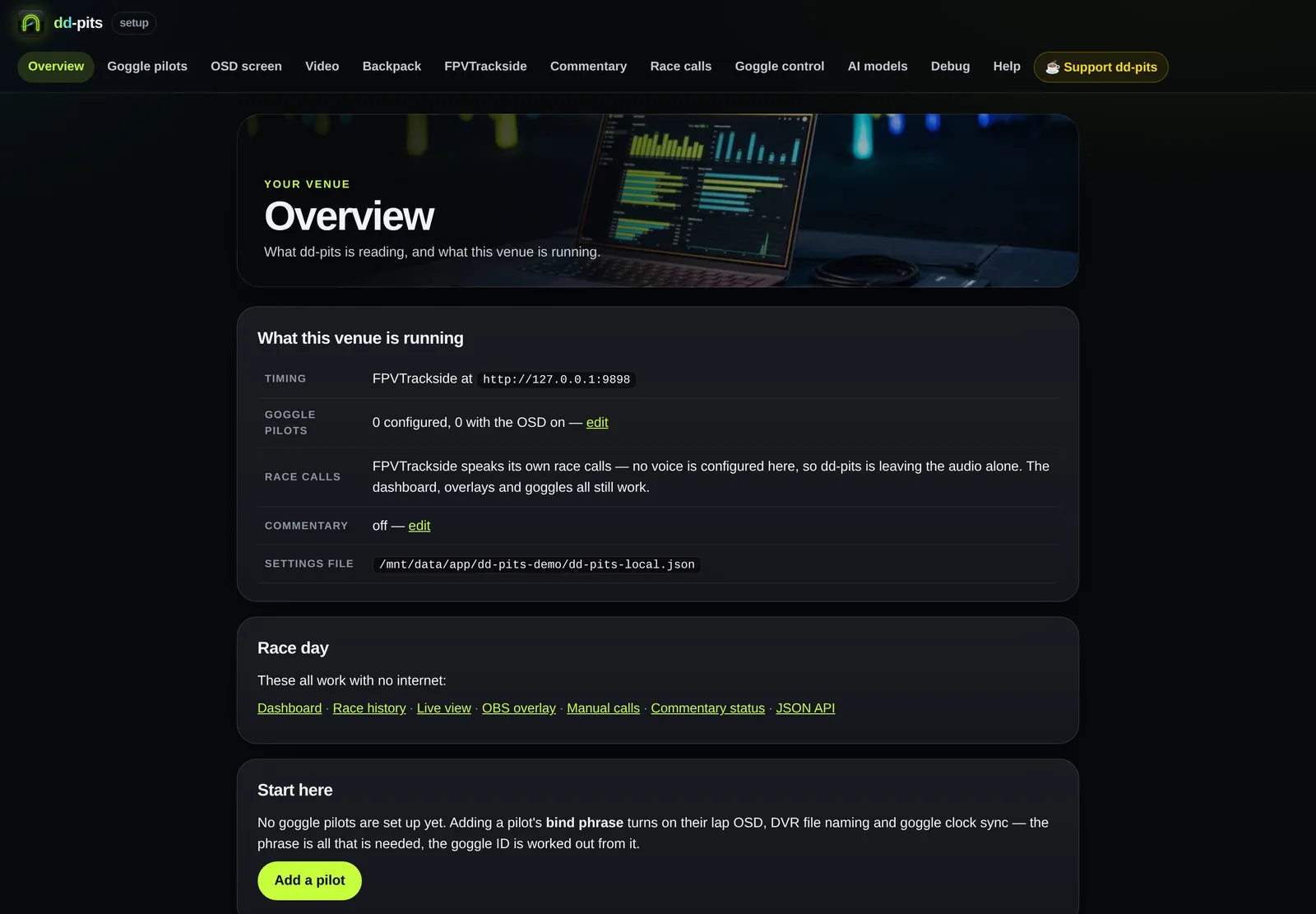 The dd-pits setup guide in a browser