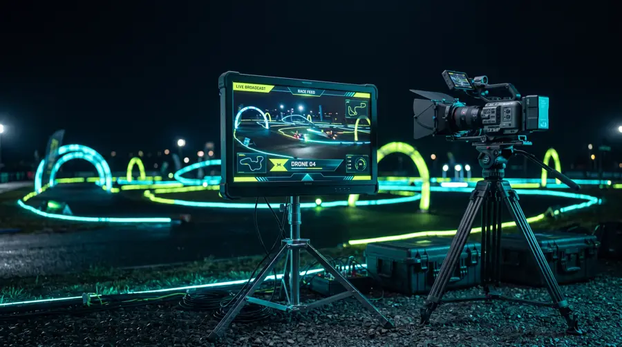 A livestream production setup at the trackside with a monitor showing a race broadcast